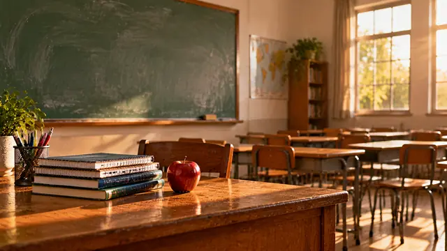 Sala de aula vazia à tarde, quadro-negro apagado com marcas de giz, mesa do professor com uma pilha de cadernos e uma maçã, luz entrando pela janela