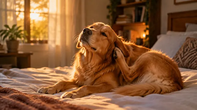 Perro de pelo dorado acostado sobre una sábana clara en una cama, iluminado por luz suave de final de tarde que entra por la ventana