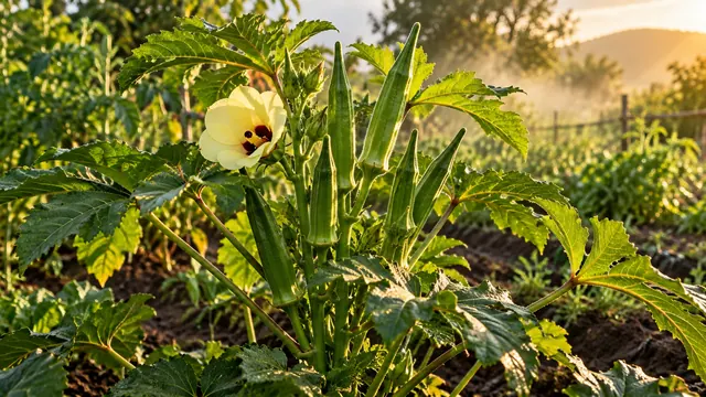 Pé de quiabo com vagens verdes e uma flor amarela numa horta, com névoa suave e luz dourada de fim de tarde