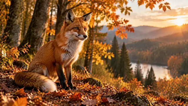 Zorro rojo sentado entre hojas de otoño en una colina, con bosque, río y montañas al atardecer al fondo