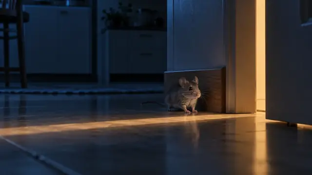 Pequeno rato cinza na borda de um rodapé de madeira à noite, iluminado por uma faixa de luz que entra pela porta entreaberta da cozinha