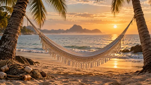 Rede de dormir de algodão branco armada entre dois coqueiros, balançando vazia diante de um mar calmo ao entardecer