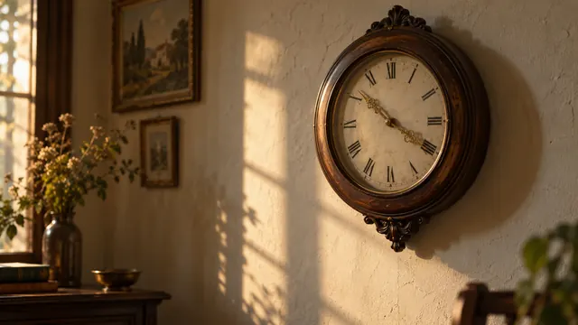 Relógio de parede antigo com moldura de madeira e ponteiros dourados, numa parede clara iluminada pela luz suave do fim de tarde