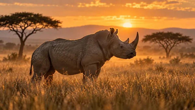 Rinoceronte adulto parado en una sabana africana al atardecer, con pasto dorado, neblina ligera y acacias al fondo