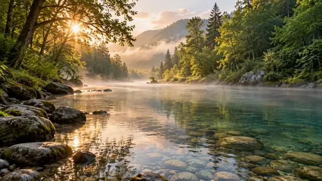 A river of clear, calm water flowing between moss-covered stones in a forest, with light mist and the sun rising through the trees