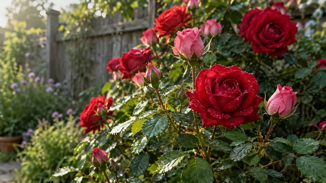 Roseira com rosas vermelhas e botões cor-de-rosa num jardim de quintal, luz suave da manhã e gotas de orvalho nas pétalas