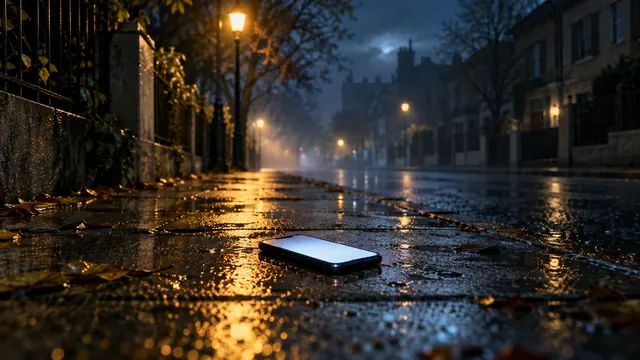 Calçada molhada de uma rua vazia à noite, com um celular aceso caído sob a luz de um poste e névoa azulada