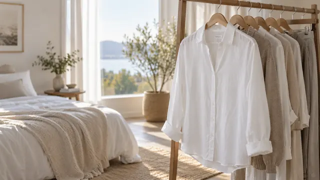 Arara de roupas em tons neutros num quarto claro iluminado pela luz da manhã, com uma camisa branca pendurada em destaque