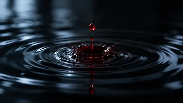 A single red drop falling in slow motion onto the surface of dark, still water, forming concentric ripples
