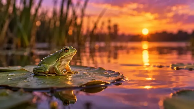 Sapo verde sentado sobre una hoja de nenúfar en un estanque al atardecer, con gotas de agua brillando en la luz dorada