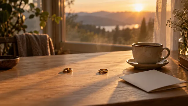 Duas alianças douradas afastadas sobre uma mesa de madeira junto à janela, na luz suave do entardecer