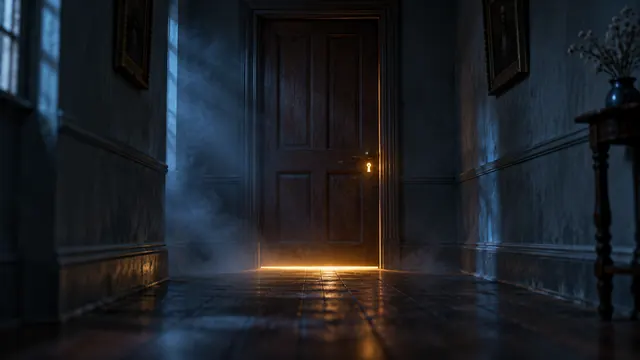 Corredor estreito à noite com névoa azulada e uma porta fechada iluminada por uma fresta de luz dourada embaixo