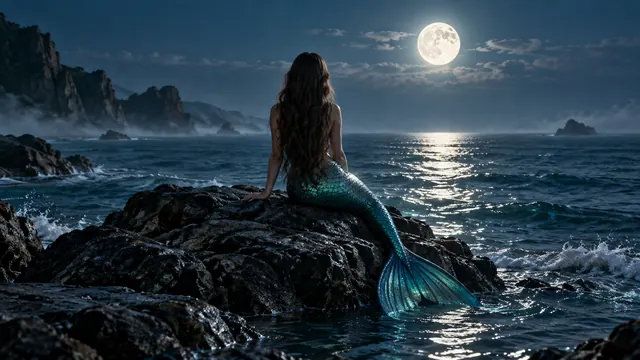 Sirena de cola azul verdosa sentada de espaldas sobre una roca junto al mar, mirando el océano bajo la luz de la luna llena