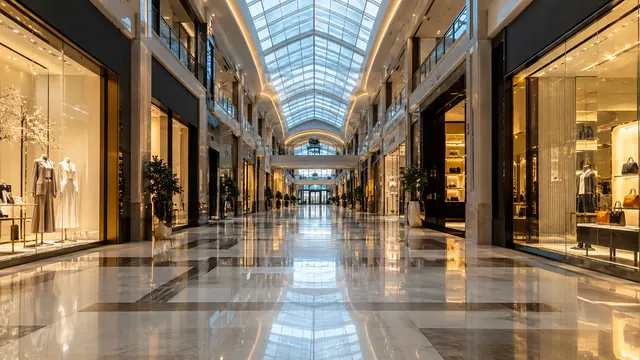 Wide, empty shopping mall corridor in the morning, with lit store windows, a polished floor reflecting the light and a skylight overhead