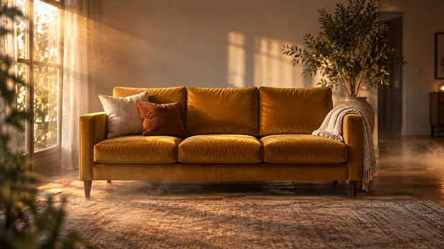 Sofá de veludo cor de mostarda numa sala silenciosa, com névoa leve e luz dourada de fim de tarde entrando pela janela