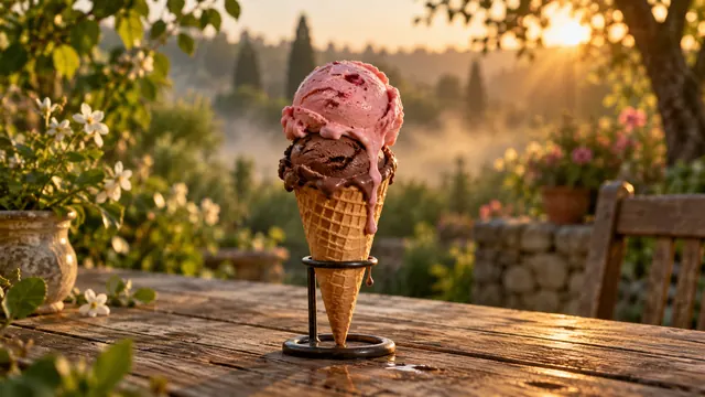 Casquinha de sorvete de morango e chocolate começando a derreter sobre uma mesa de madeira, com luz dourada de fim de tarde