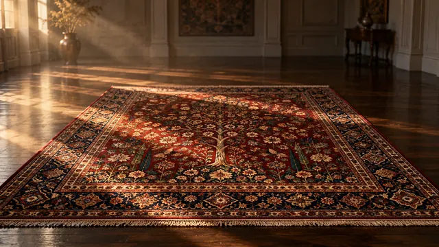 Tapete persa colorido estendido no piso de madeira de uma sala vazia, iluminado por luz dourada que entra pela janela
