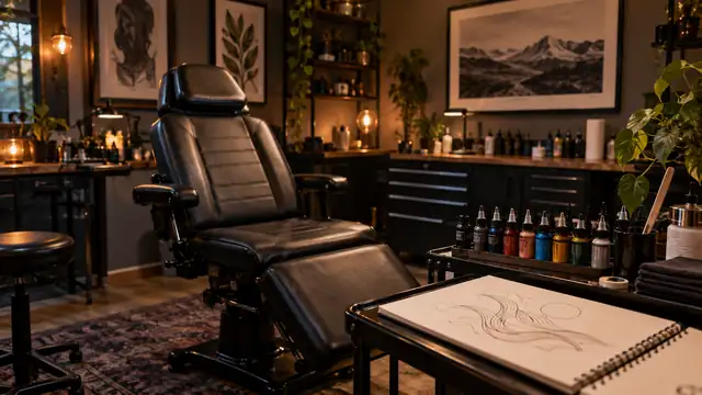 Estúdio de tatuagem tranquilo com uma cadeira de couro vazia, frascos de tinta coloridos organizados e luz quente e suave
