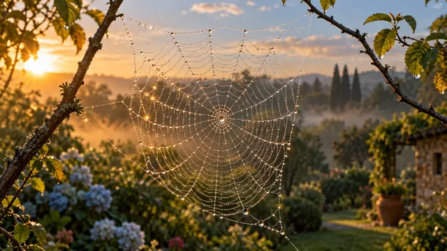 Telaraña cubierta de rocío que brilla entre dos ramas al amanecer, con neblina suave y luz dorada al fondo