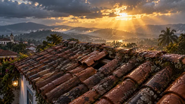 Clay tile roof of an old house at dusk, with a few loose tiles and rain clouds opening into golden light