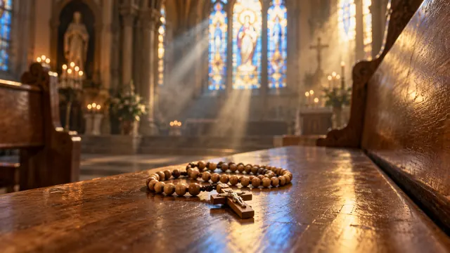 Terço de contas de madeira com pequeno crucifixo sobre um banco de igreja, iluminado pela luz suave de um vitral