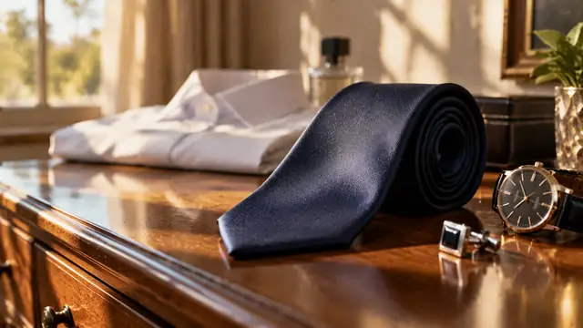 A folded white dress shirt, a rolled navy blue tie, a wristwatch and cufflinks on a sunlit wooden dresser