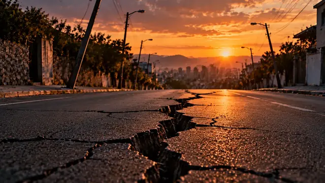 Empty street at sunset with a crack running across the asphalt and slightly tilted streetlights, orange sky behind