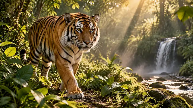 Tigre-de-bengala caminhando por uma floresta tropical iluminada pelo sol, com uma cachoeira ao fundo