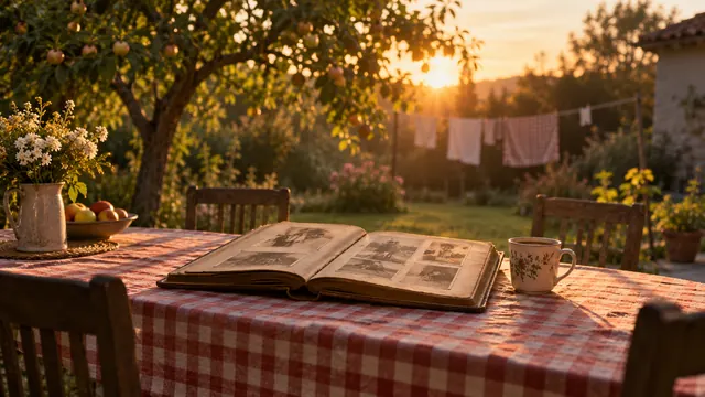 Mesa de almoço de família num quintal ao entardecer, com toalha xadrez, cadeiras vazias e um álbum de fotos antigo aberto