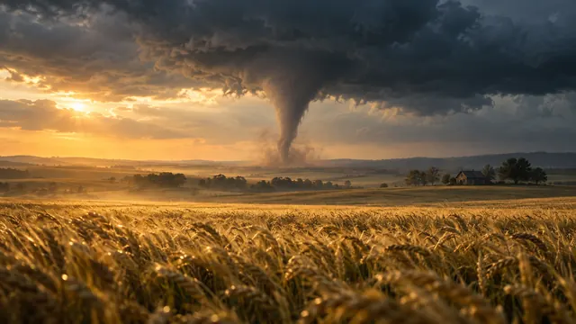 Distant tornado descending from dark clouds over a golden wheat field at dusk, with a small farmhouse in the background