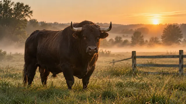 Toro oscuro parado en un pasto abierto al amanecer, con neblina baja, una cerca de madera y luz dorada rasante