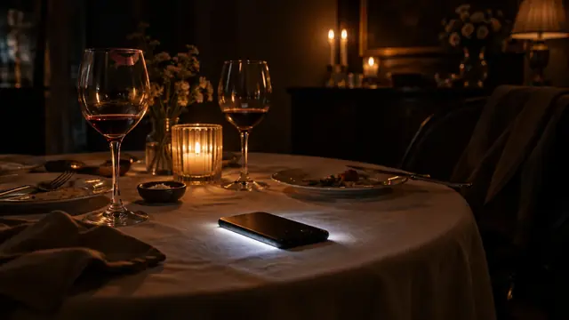 Duas taças de vinho sobre uma mesa à luz de velas, uma delas com marca de batom, e um celular com a tela acesa virado para baixo