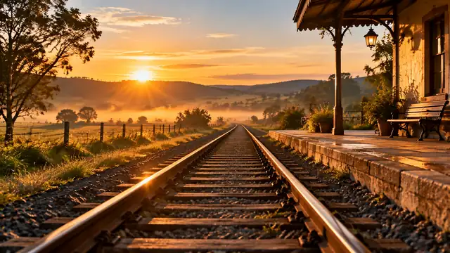 Trilhos de trem e plataforma vazia de uma estação rural ao amanhecer, com cerca de madeira, campo com névoa e o sol nascendo