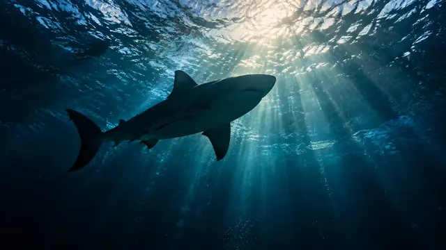 Silhueta de um tubarão nadando sob a superfície de um mar azul-escuro, com raios de luz atravessando a água