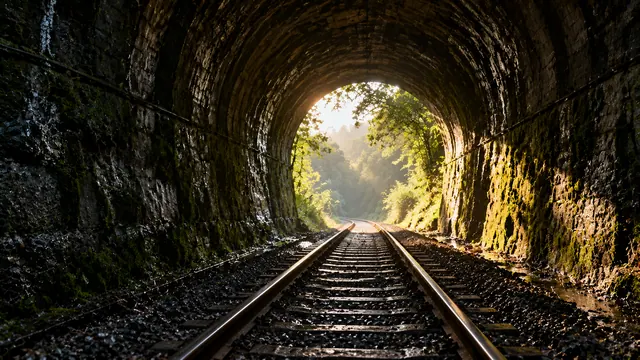 Inside an old stone tunnel with rails on the ground and a bright opening of light at the far end, damp walls and diffuse light