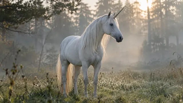 Caballo blanco con un solo cuerno parado en un claro con neblina, iluminado por la luz suave de la mañana