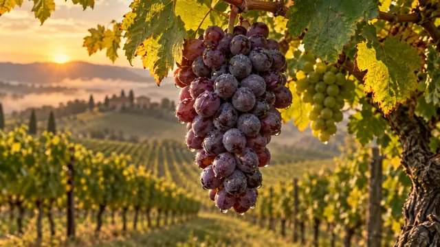 Cacho de uvas roxas maduras pendurado numa parreira, entre folhas verdes, com vinhedo desfocado sob luz dourada