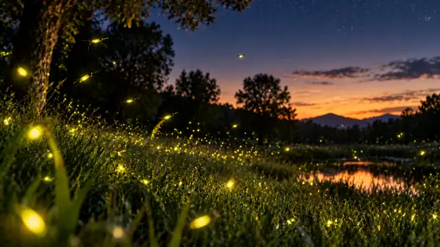 Vaga-lumes brilhando sobre a grama de um campo ao entardecer, com árvores, um lago e o céu alaranjado ao fundo
