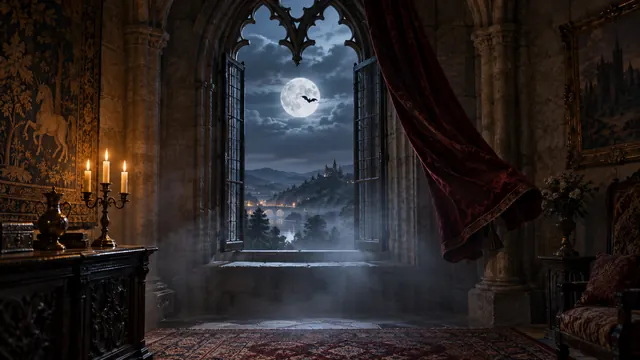 Janela gótica aberta à noite num castelo antigo, cortina de veludo vermelho ao vento, candelabro aceso e um morcego contra a lua