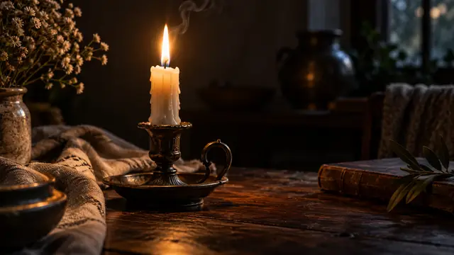 Lit candle in a metal holder on a dark wooden table, its flame softly lighting the room around it