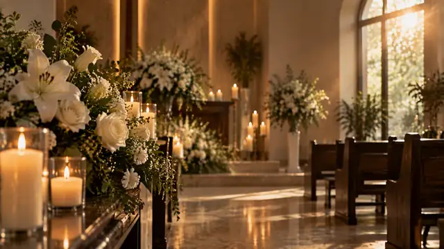 Sala de capela silenciosa com velas acesas e arranjos de flores brancas sob uma luz dourada e suave, sem pessoas