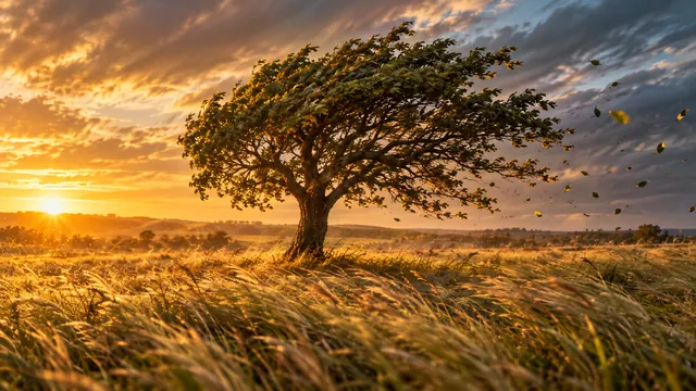 Field of tall grass bent by the wind at dusk, with a lone tree leaning over and golden dust in the air