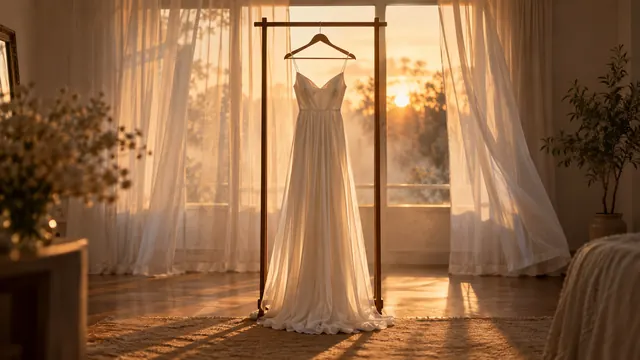 Vestido branco longo e leve pendurado num cabide junto a uma janela de cortinas finas, com luz dourada de fim de tarde