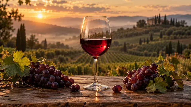 Taça de cristal com vinho tinto sobre mesa de madeira rústica, ao lado de cachos de uva, com vinhedo enevoado ao pôr do sol ao fundo