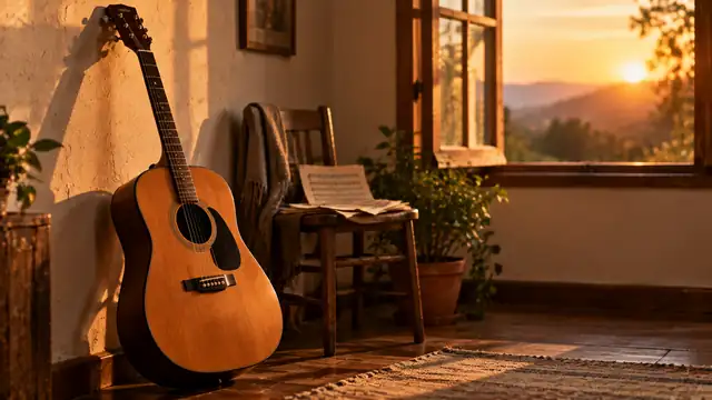 Violão de madeira encostado na parede de um quarto aconchegante ao entardecer, com cadeira, partitura e a janela mostrando o sol se pondo