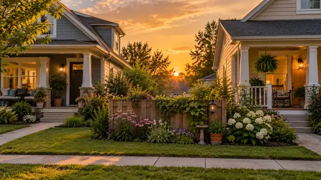 Duas casas vizinhas com varandas lado a lado ao entardecer, separadas por uma cerca baixa de madeira com plantas, sob luz dourada
