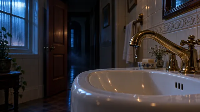 Dim hallway with a half-open bathroom door at the far end, lit by a soft night light, in a quiet house at night