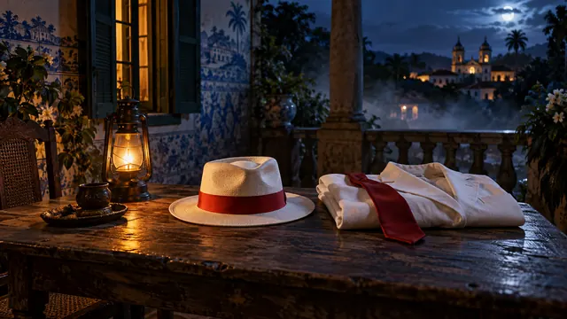 Chapéu panamá branco com fita vermelha sobre uma mesa de madeira antiga, ao lado de um paletó branco dobrado, numa varanda à noite