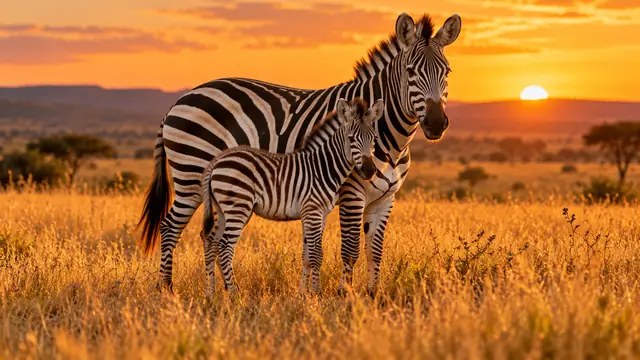 Zebra adulta e filhote lado a lado na grama dourada da savana ao entardecer, com listras pretas e brancas bem nítidas e o céu alaranjado ao fundo