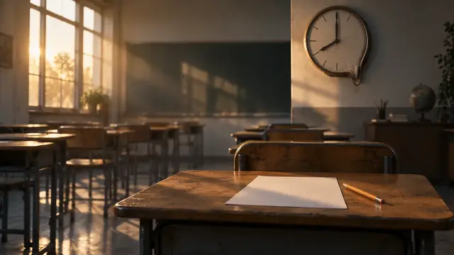 Relógio de parede antigo marcando quase oito horas sobre uma carteira escolar vazia com uma prova em branco e um lápis, em sala iluminada pelo sol da manhã
